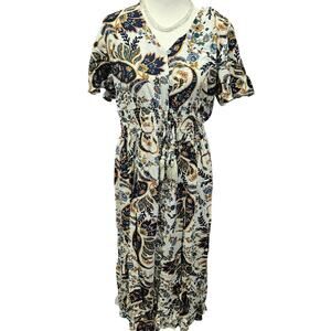 Margaux Riviera button down boho paisley midi maxi dress medium short sleeves